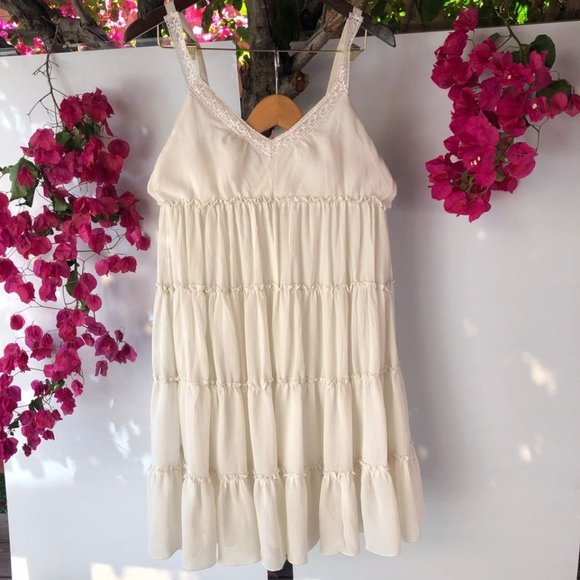 Medium White Beige Flutter Knee length Spring Summer Swing Dress - Picture 6 of 10